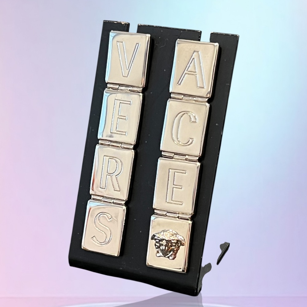 Versace Silver-Tone Logo Script Dangle Earrings - image 7